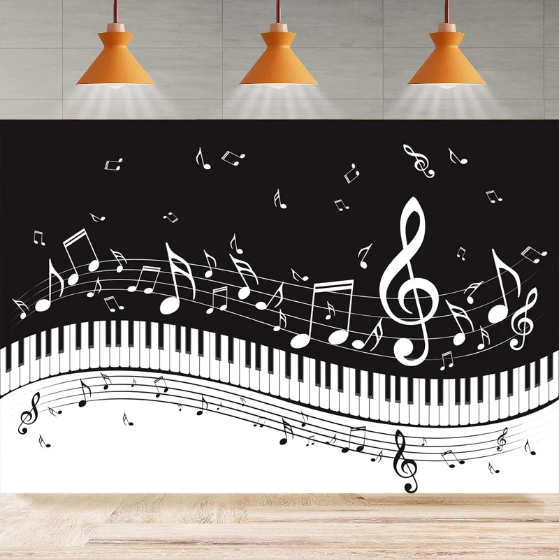 

Photography Backdrop Musical Note Keys Black And White Background Piano Keyboard Music Birthday Home Party Backdrop Wall Banner