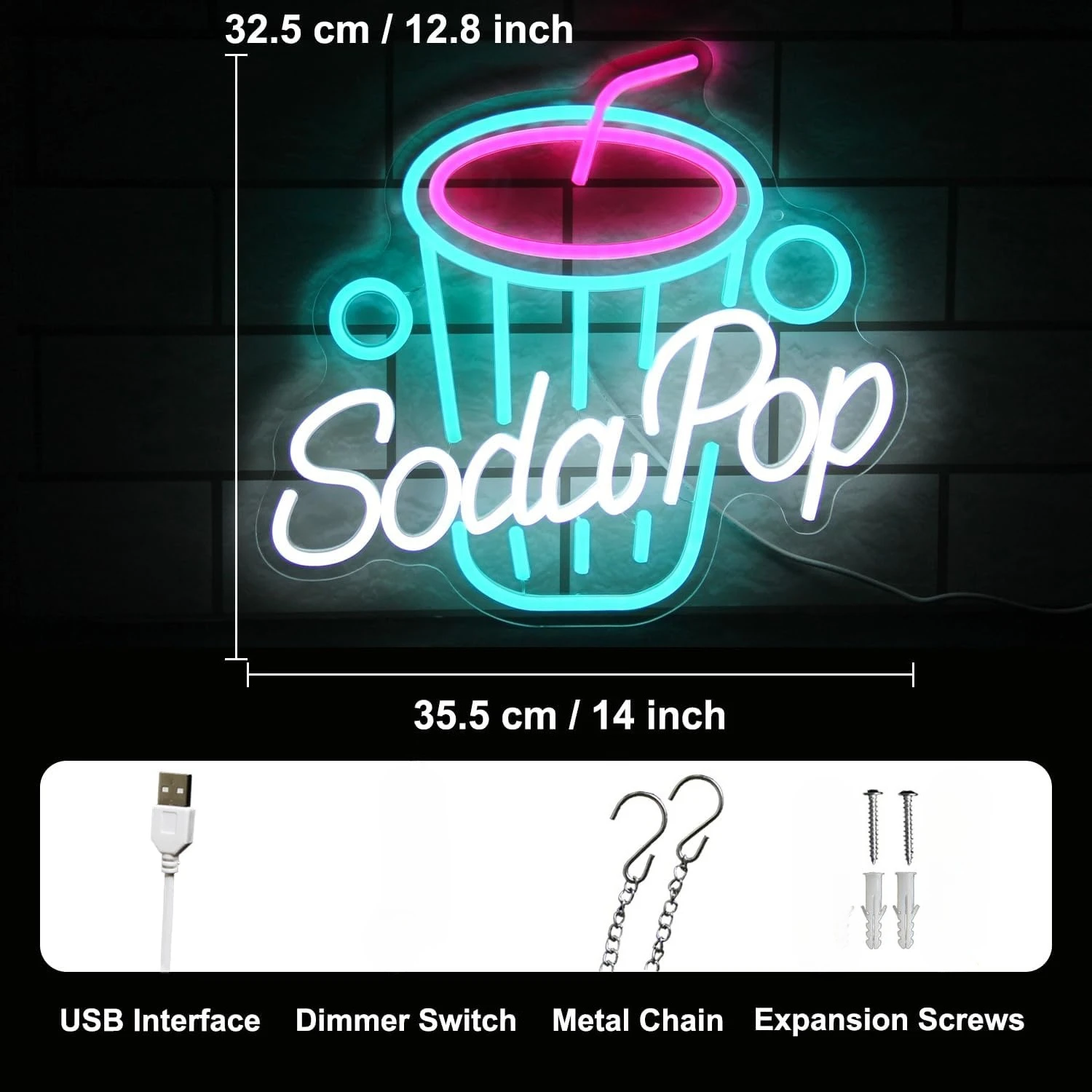 Soda Pop Neon Sign Drink Neon Light Dimmable Beverage Cup LED Sign Wall Business Sign Cocktail Restaurant Dessert Shop Bar Decor