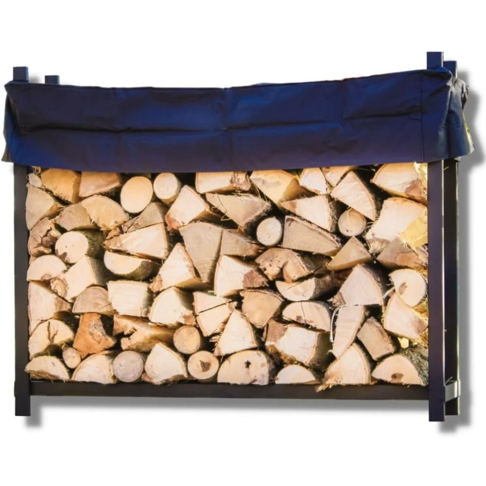 5 Foot Black Made in the USA 1/4 Cord Plus Firewood Storage Log Rack With Seasoning Cover Combo Set Indoor Outdoor Metal