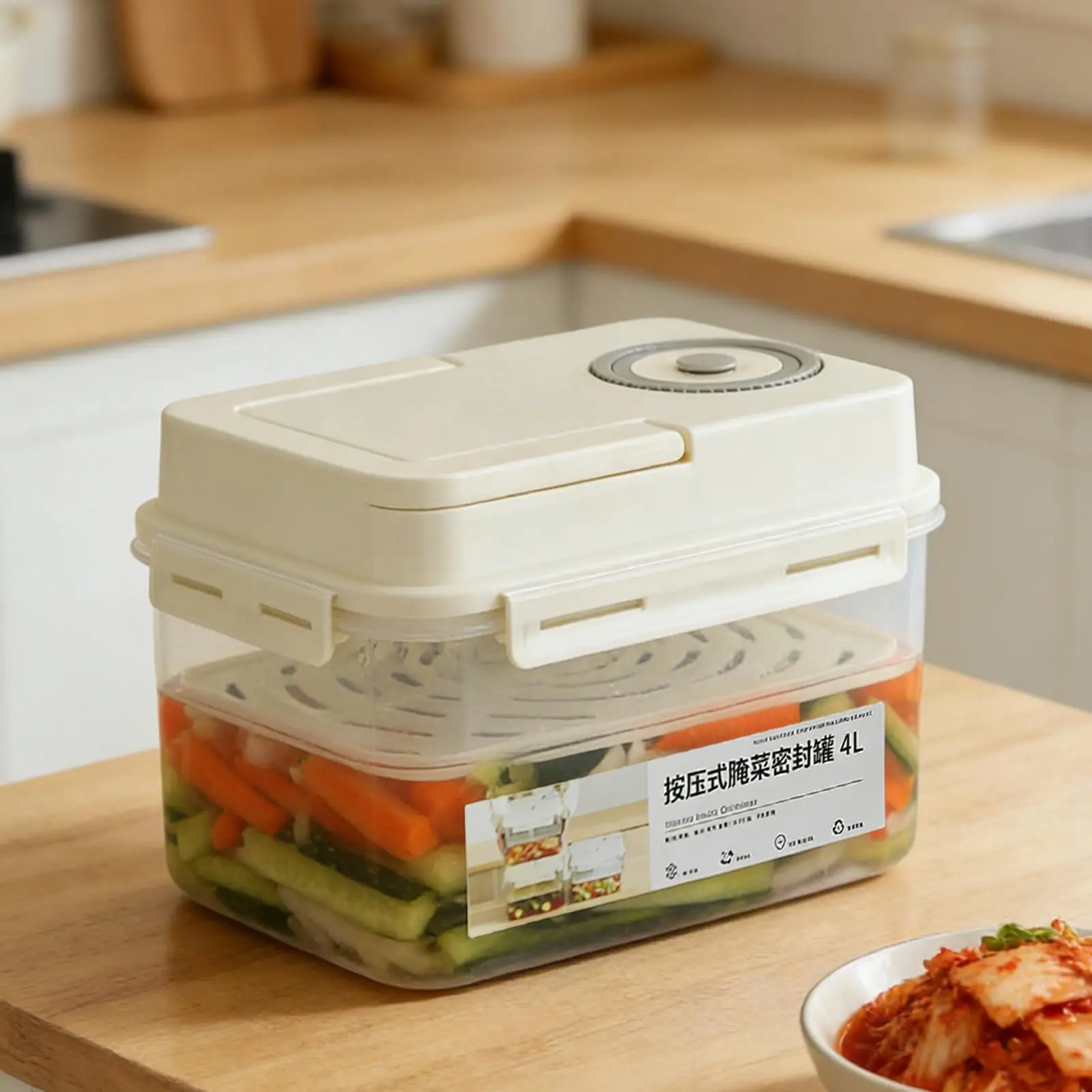 Contenedor hermético coreano de 4L para encurtidos, caja de almacenamiento tipo prensa para encurtidos, para el hogar, cocina, refrigerador, repollo encurtido, camping, picnic