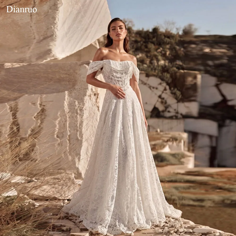 Dianruo Vintage Off Shoulder Wedding Dress Pearls Lace A Line Vestido De Noiva Appliques Birthday Ddresses For Woman Customized