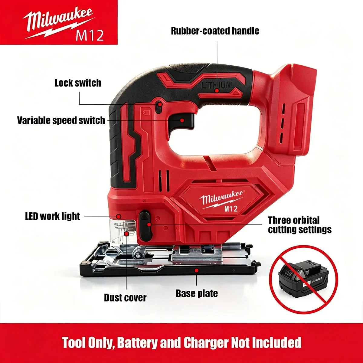 MilwaukeeM12 Brushless Curve Saw 3000RPM 90mm Max Cutting Depth, Variable Speed Orbital Jigsaw with LED Light for Wood Cuting