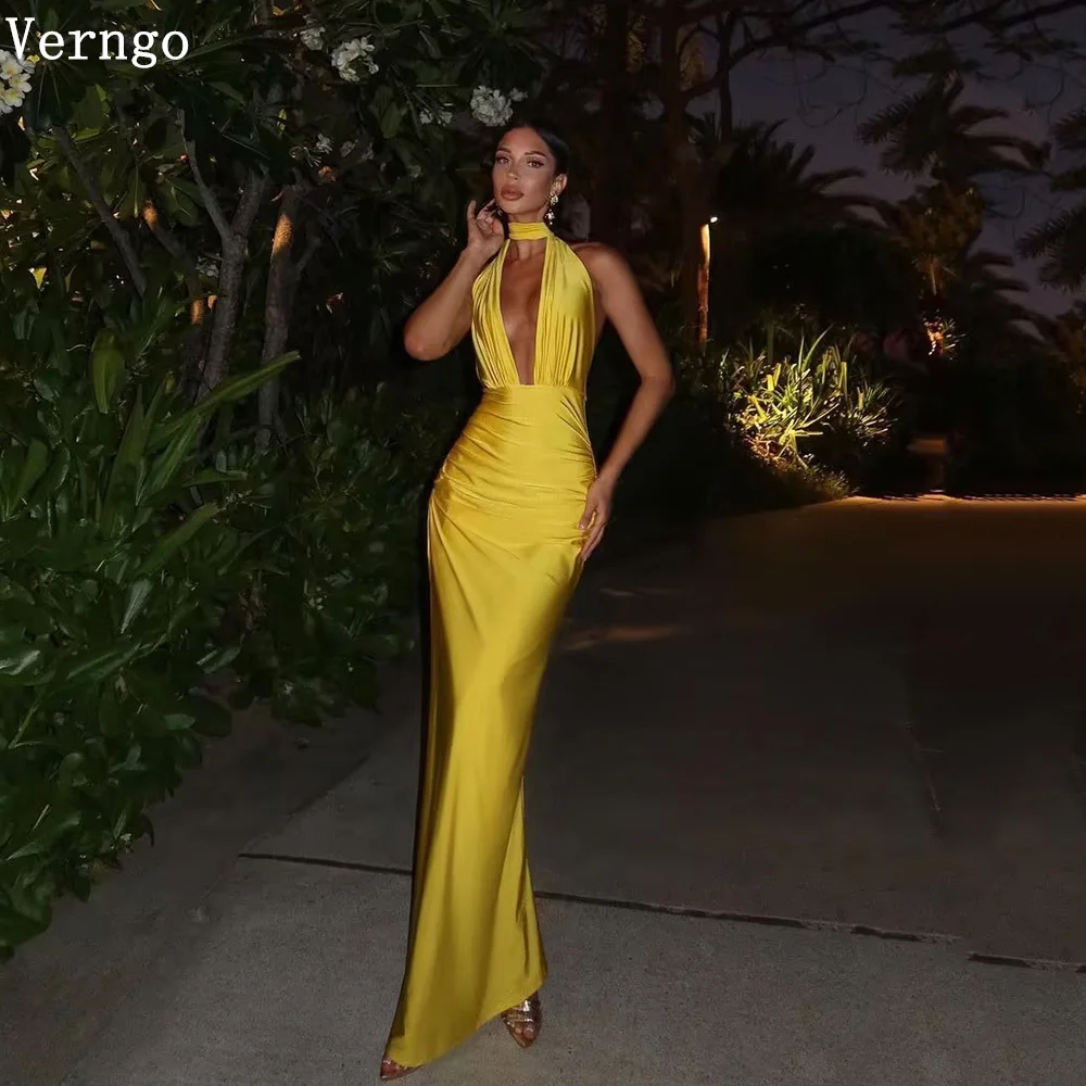 

Verngo Yellow Satin Evening Dress Deep V Neck Sleeveless Halter Mermaid Prom Gowns Women Sexy Backless Prom Party Dresses