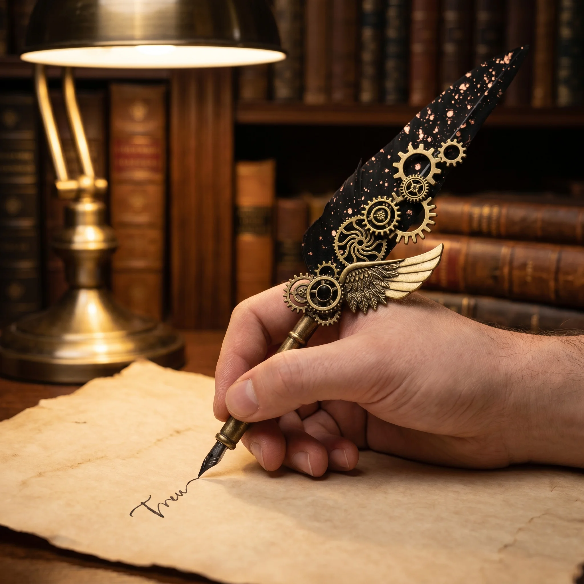 Vintage Handcrafted Steampunk Feather Quill Pen with Mechanical Gears Gold-Sprinkled Black Wing Alloy Nib for Writing Tools - view 3