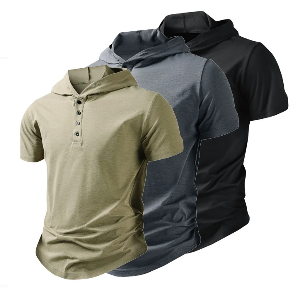 Summer Men's Casual Hooded T-shirt Loose Solid Color Lightweight Short Sleeved Male Outdoor Sports Hoodies Tee Tops