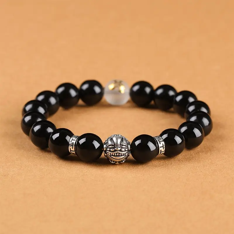 Retro Tibetan Silver Brave Head Bracelet Obsidian Zodiac Buddha Bead Hand String Men and Women Couple Fashion High-end Jewelry