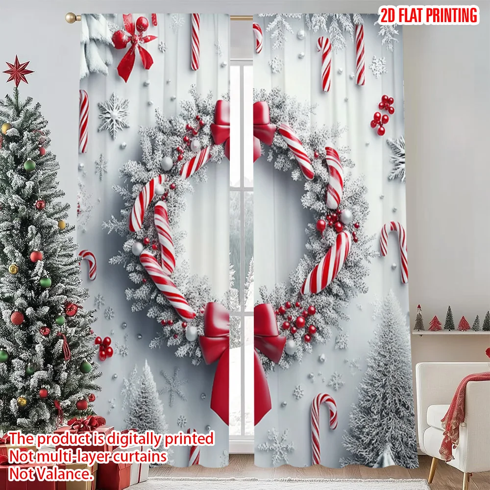 

2pcs 2D flat printing Christmas Curtains Christmas wreath Versatile Durable Polyester Without Electricity Festive Curtains for