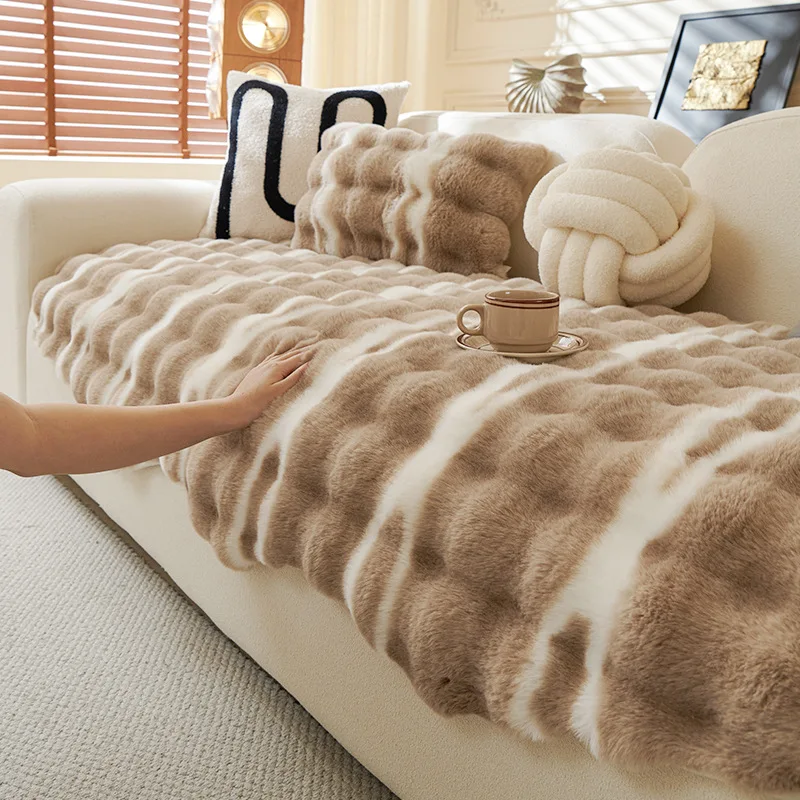 Irregular Gradient Rabbit Plush Sofa Cushion Winter Anti Slip Sofa Cover for Living Room Anti Cat Scratch Easy-Care Seat Cushion
