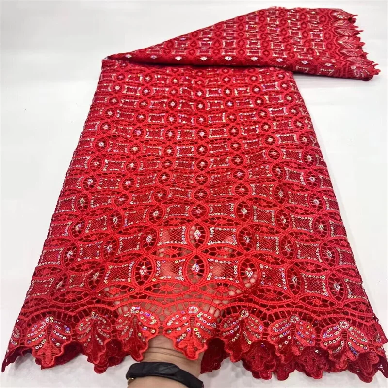 African  Lace Fabric 2024 Red High Quality Nigerian Sequins Lace Fabric Guipure Cord Lace French Net Lace For Wedding