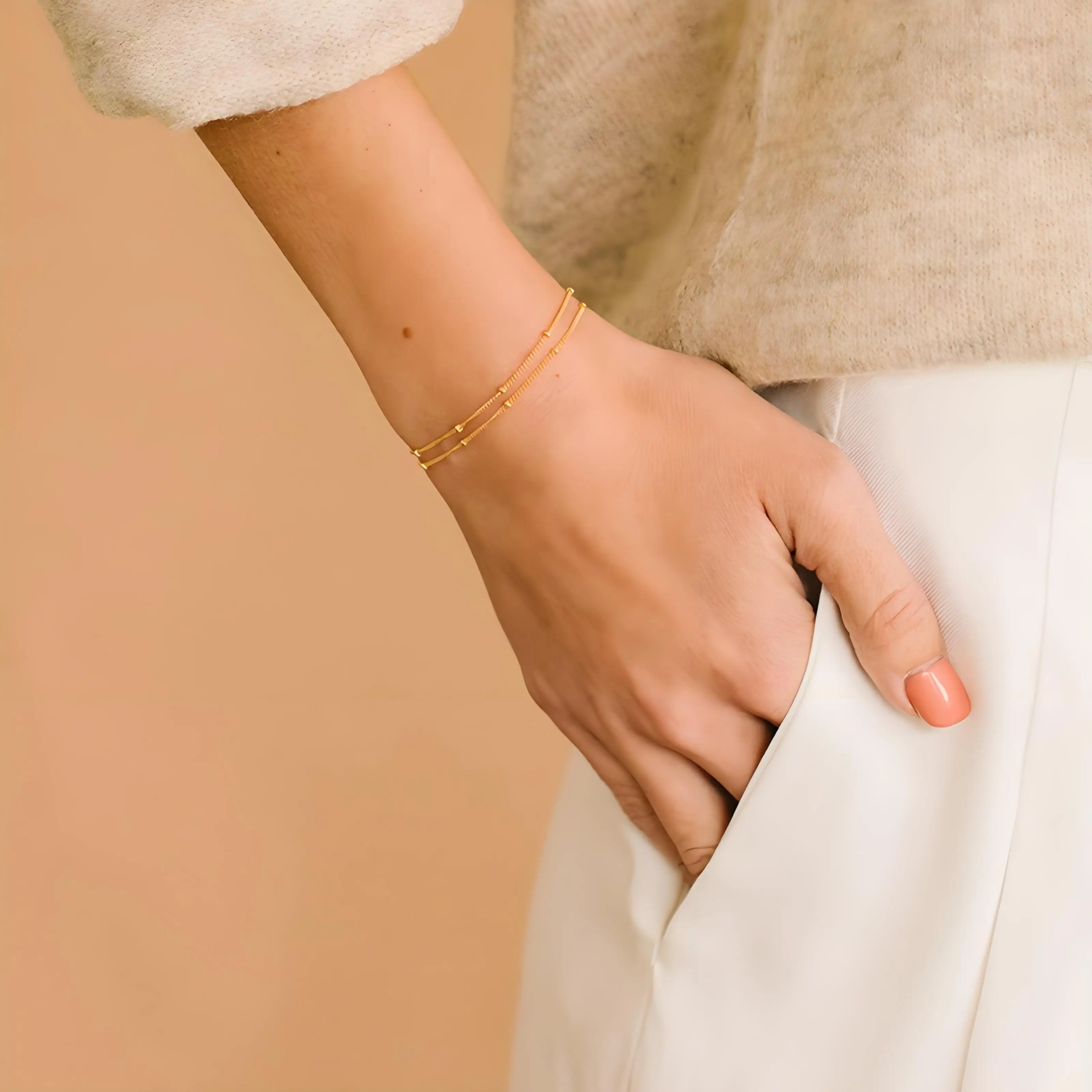 Edelstahl Perlen-Satellitenketten-Armband für Frauen Verstellbares Mehrschichtiges Dünnes Kettenarmband Einfaches Stapelbares Armband – Detail 2
