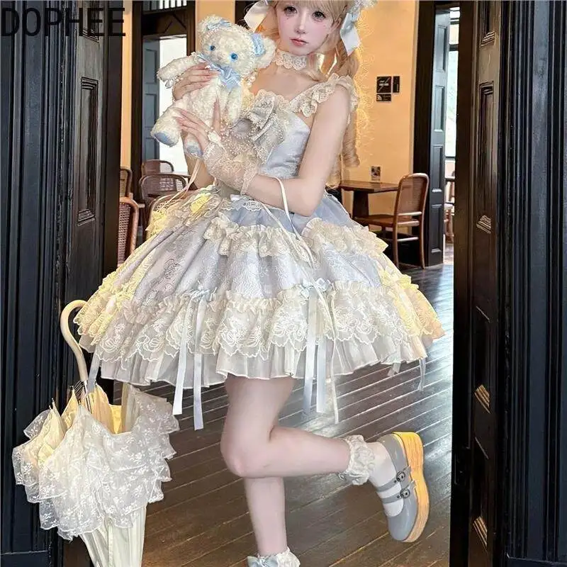 Original New Spring Summer Off Shoulder Sleeveless JSK Suspenders Dress Age Reduction Cute Bow Beads Sweet Princess Lolita Dress