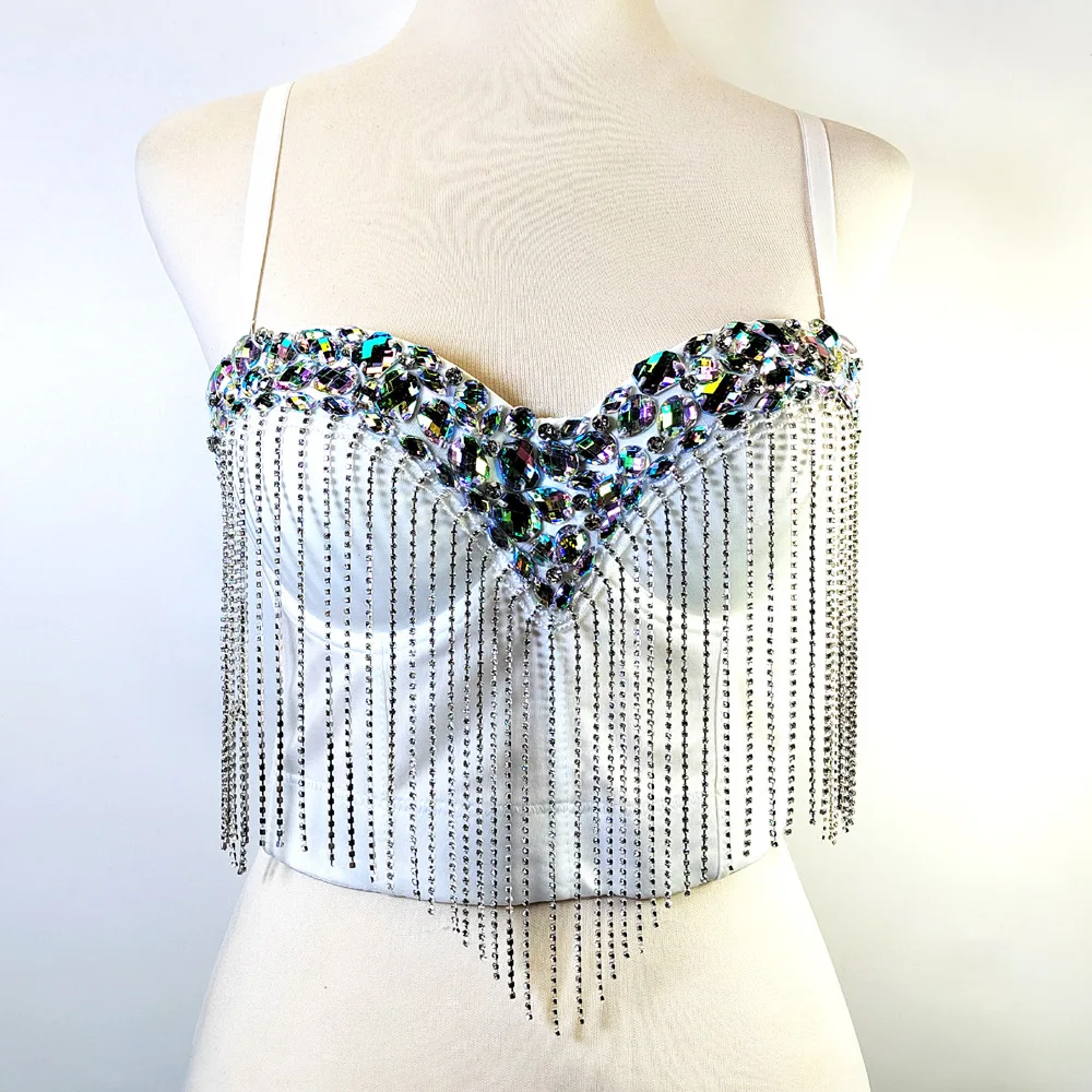 Glamorous Beaded Bustier Top Backless Rhinestone Corset with Fringe Shiny Clubwear for Night Out Sexy Waist Trainer Lingerie