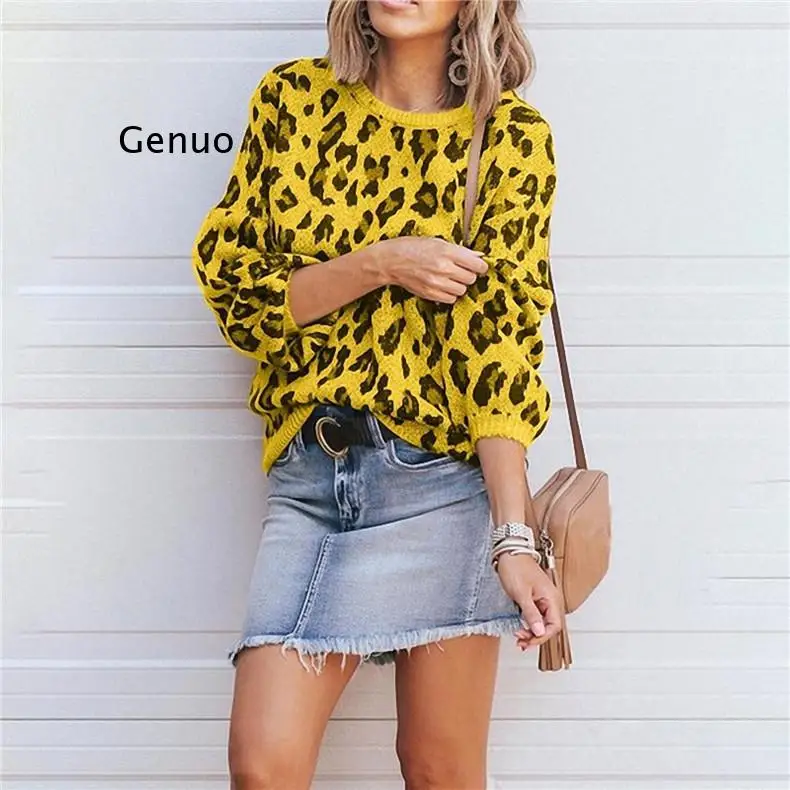 

loose warm Casual Leopard Sweater Women Winter Lantern Sleeve O Neck Loose Yellow Oversize Sweater Knitted Jumper