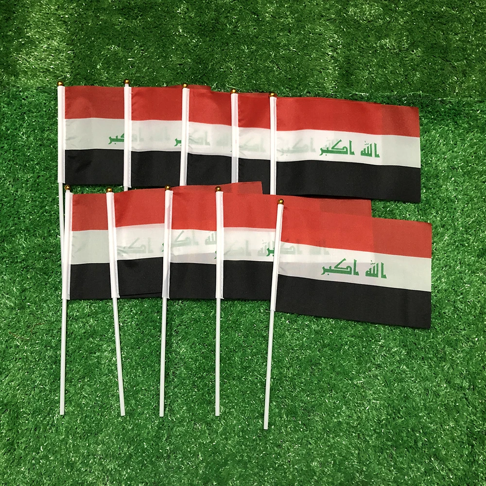 SKY FLAG Iraq hand flag 14x21cm 100pcs polyester double side penetration IRQ Iraq hand waving Flag with plastic pole