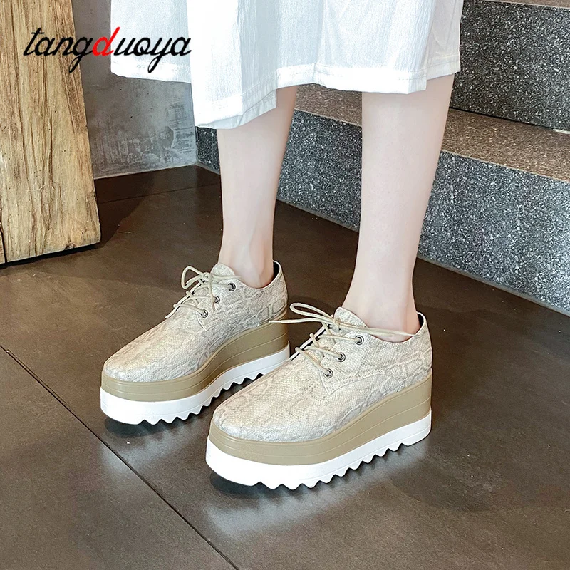 New platform women\'s shoes Leather Women Vulcanized Shoes Leather Platform Wedge High Heels Shoes Lace Up Increase Casual Shoes