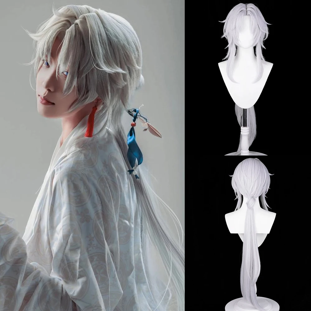 Silver White Long Straight Layered Synthetic Wigs Middle Part Anime Game Cosplay Fluffy Wig for Daily Party