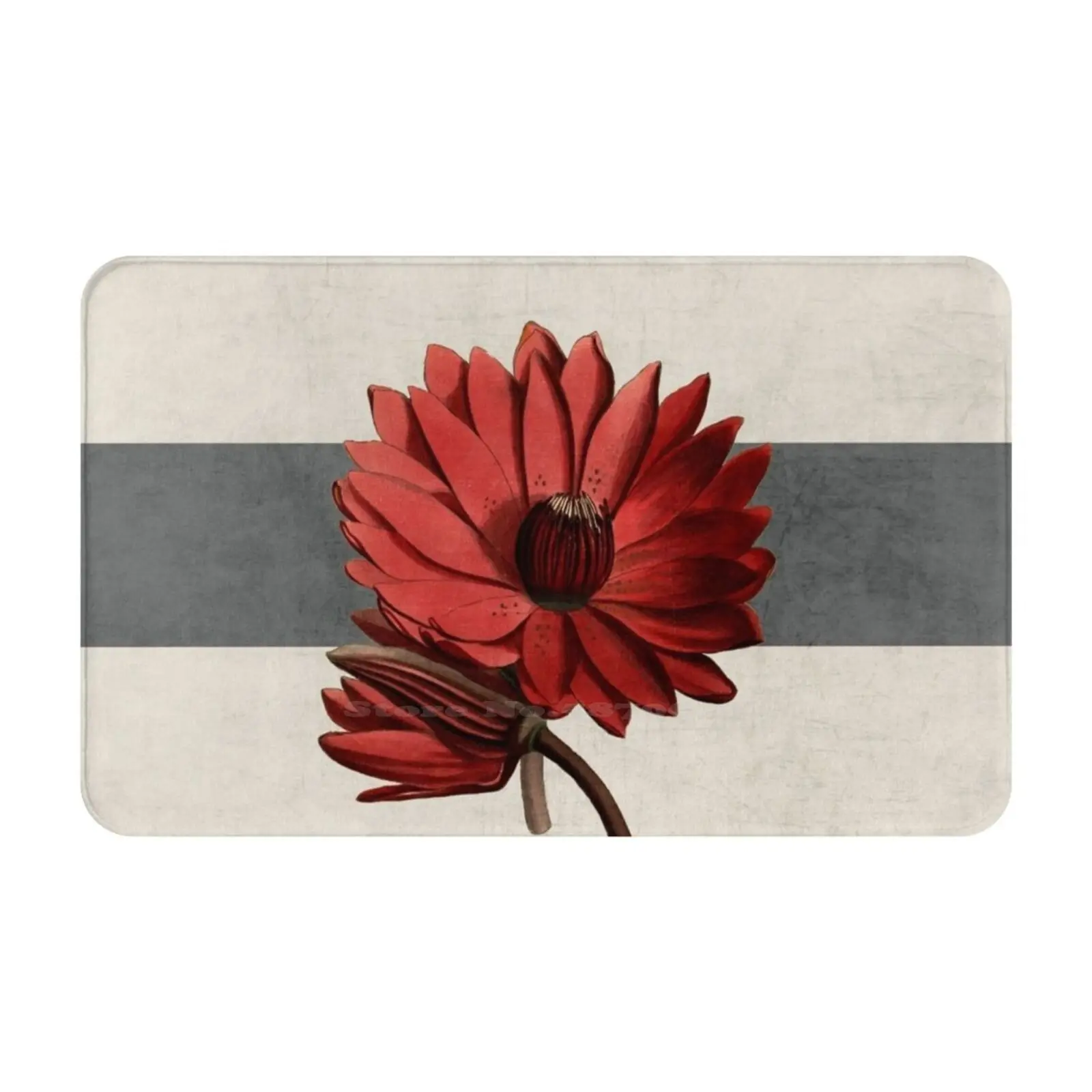 Botanical Stripes-Red Water Lily Soft Cushion Car Home Carpet Door Mat Collage Patter Red Flower Water Lily Vintage Paper