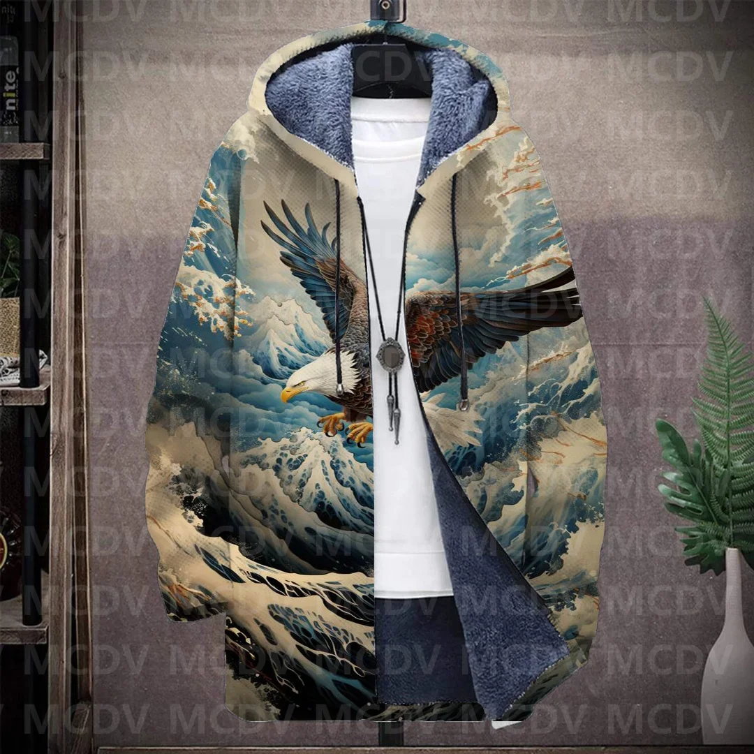 

Men's Retro Print Plush Thick Long-Sleeved Coat Cardigan Eagle 3D Prined Fleece Hooded Overcoat Unisex Thick Warm Jacket