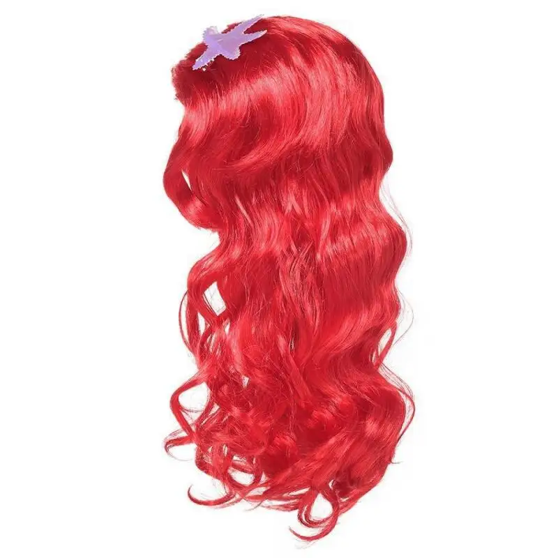 Little Mermaid Ariel Princess Girl Wig Accessories Halloween Carnival Party Kids Anime Red Wig with Starfish Cosplay Dress UP