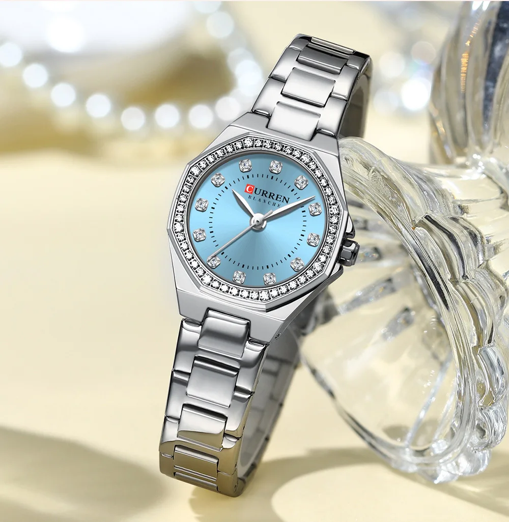 CURREN 9100 Ladies' Diamond-studded Quartz Wristwatch, Waterproof Octagonal Small Dial Stainless Steel Strap Watch