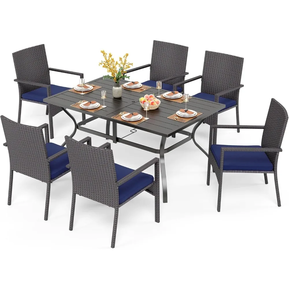 7 Piece Patio Dining Set, Outdoor Slatted Metal Dining Table with Umbrella Hole & 6 Cushioned Wicker Chairs for Patio, Deck