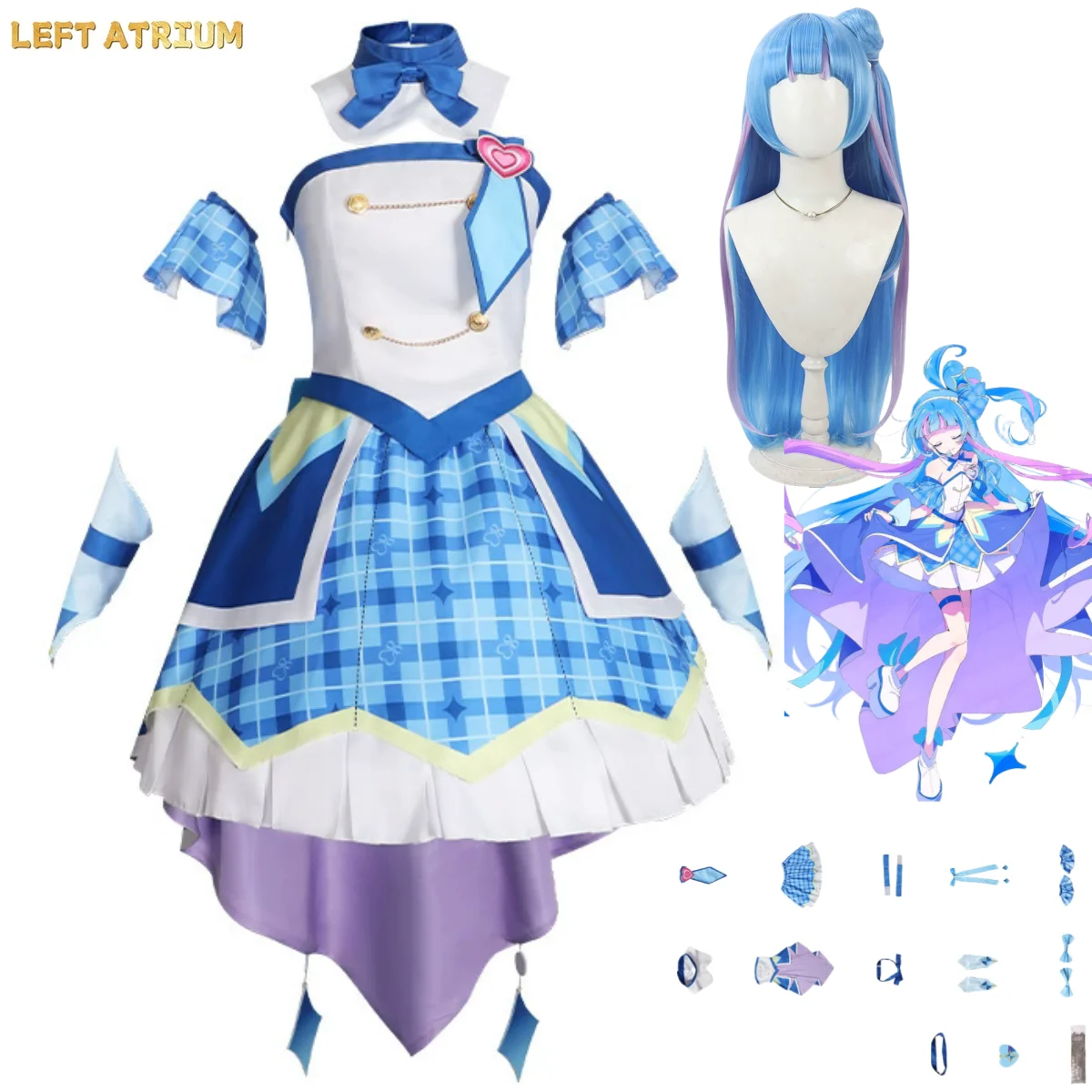 

Anime You and Idol Precure Aokaze Nana Cosplay Costume Blue White Princess Dress Lolita Skirt Wig Woman Kawaii Masked Ball Suit