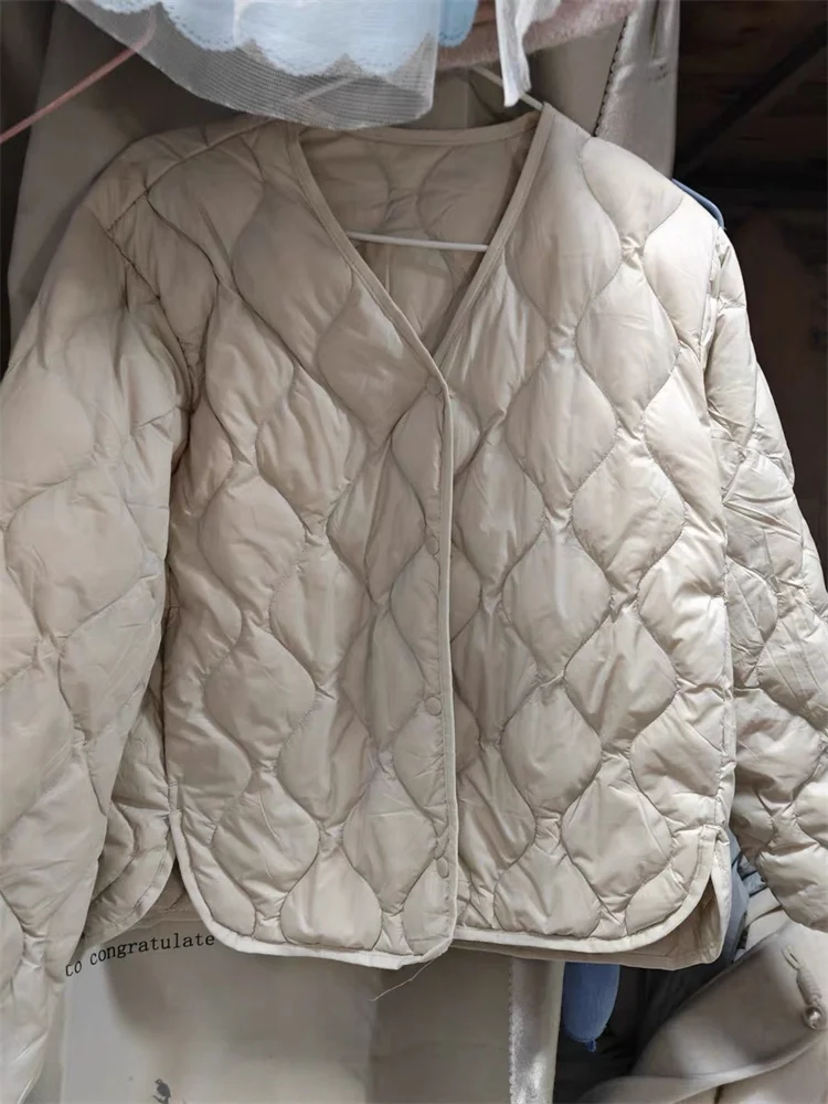 Manteau d'hiver pour femme, col en V, léger, chaud, en duvet de canard blanc, parka courte, simple boutonnage, grande taille, vêtements d'extérieur