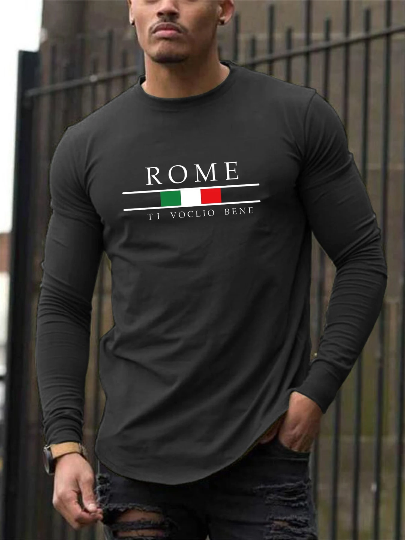 

Men's 100% pure cotton loose fit plus size comfortable casual sports ROME letter printed round neck long sleeved T-shirt top