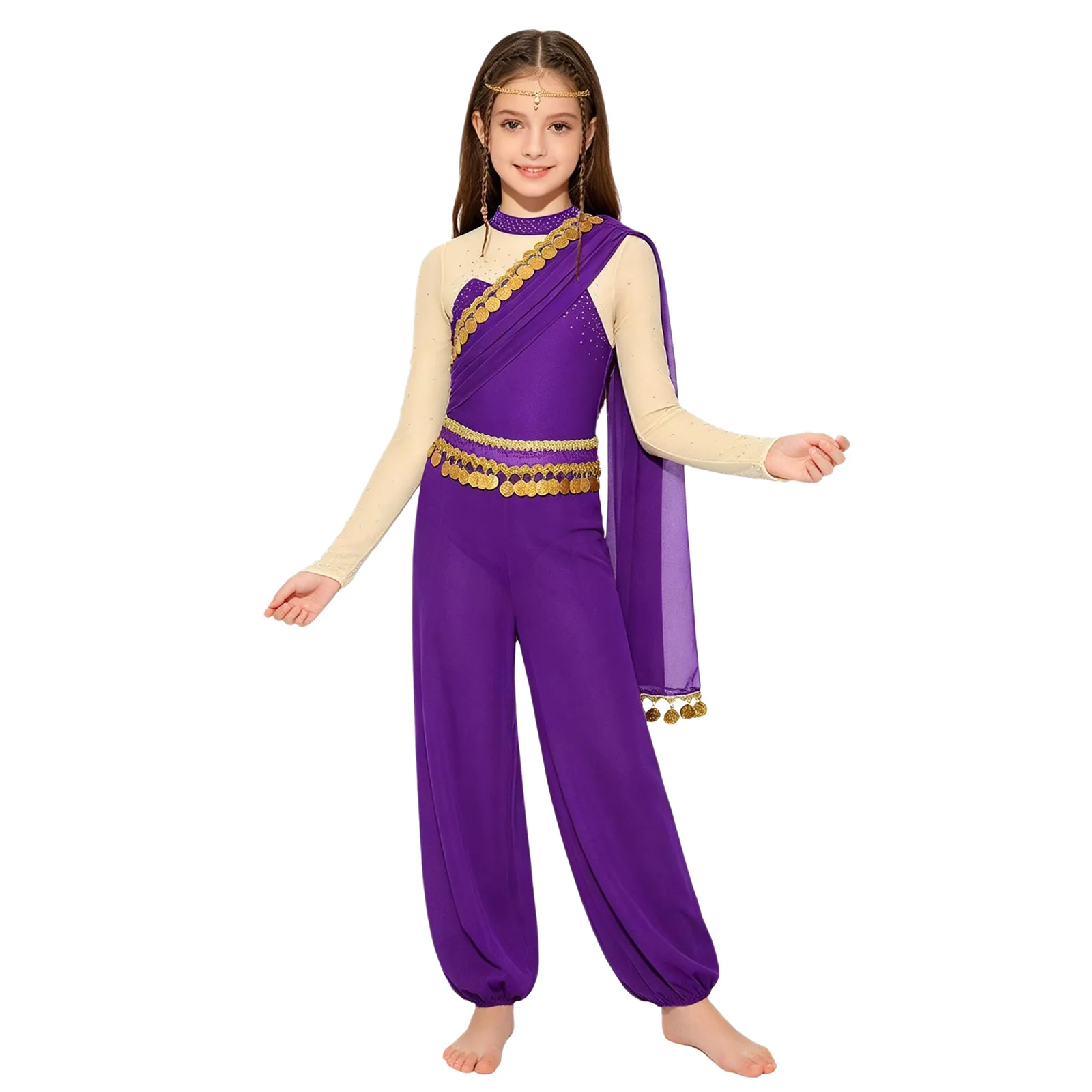 Traje de Princesa Árabe para Niñas, con Lentejuelas, Borlas, Pedrería, Mono con Escote en Forma de Llave, Manga Larga, Diseño de Parches, Ropa de Danza Moderna