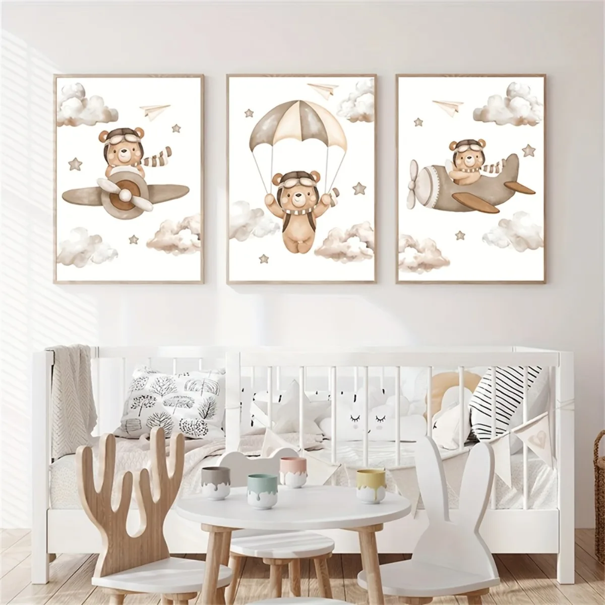 3pcs/set Cartoon Animal Themed Canvas Print Poster Bears Parachute Clouds Abstract Art Print Bedroom Nursery Wall Art Home Decor