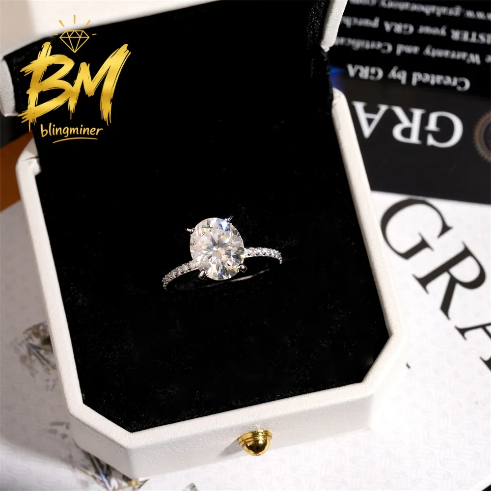 Blingminer Fine Oval Cut 5CT S925 Silver VVS Moissanite Rings Engagement Wedding Women Finger Jewelry Pass Diamonds Free Shippin
