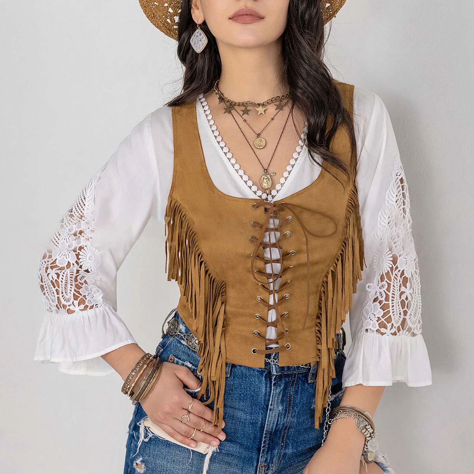 Women's Solid Color Vintage Vest Layer Fringe Sleeveless Fashion Festival Top Chic Camisole Halloween Party Waistcoat Cowgirl