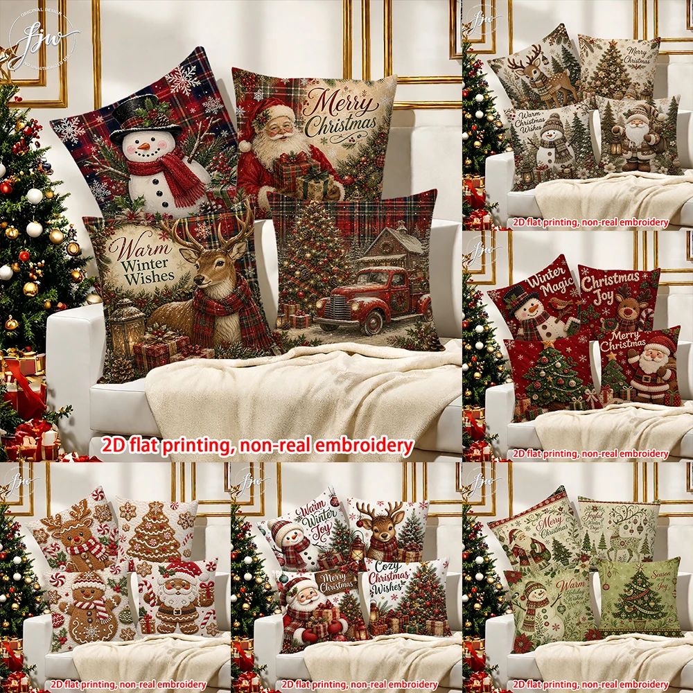 4pcs Vintage Christmas Pillow Covers Retro Xmas Santa Reindeer Snowman Throw Cushion Cases for Holiday Home Sofa Couch Decor