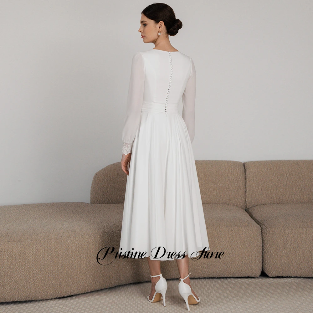 Simple White A-Line Chiffon Wedding Dress for Women Square Collar Long Sleeve with Lace Tea Length Bridal Gowns Customized