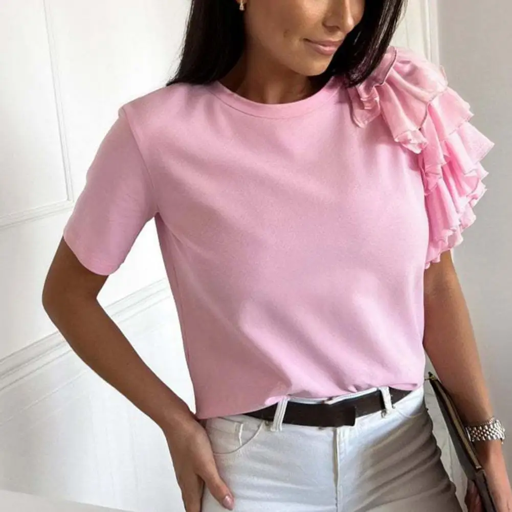 Women Blouse Solid Color Layered Ruffles Short Sleeve O-Neck Summer Crew Neck Pleats T-shirt Simple Tops Pullover Streetwear