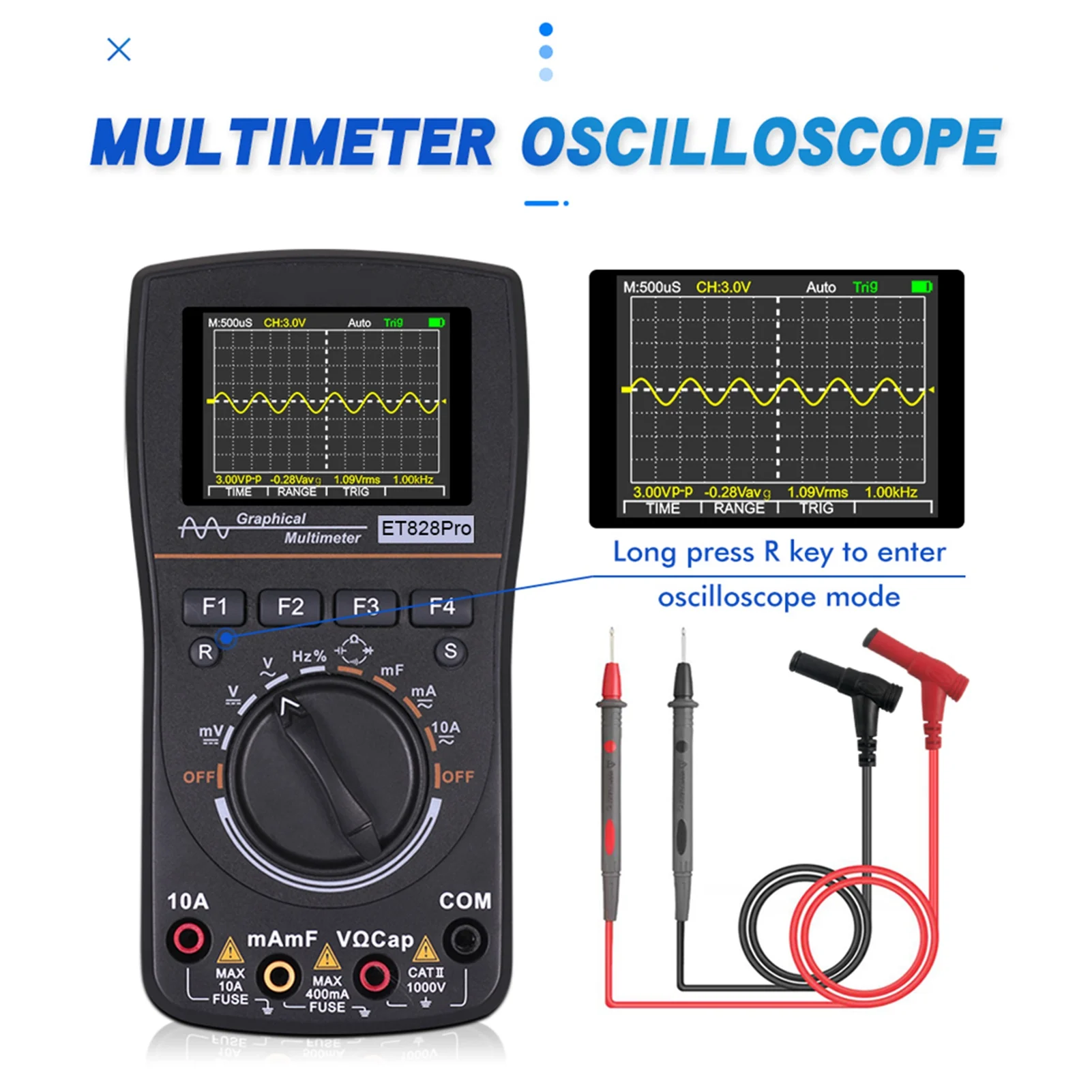 

ET828Pro Intelligent Graphical Digital Oscilloscope 2 in 1 with 2.4 Inches Color Screen 10MHz Bandwidth 50Msps Sampling Rate