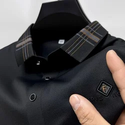 2023 New Summer Ice Silk Slip T-shirt Men's Short Sleeve High-end Embroidery Lapel Top Fashion Casual Polo Shirt Men's M-4XL