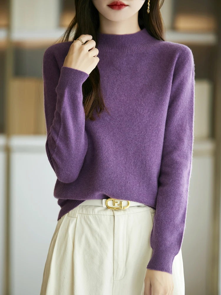 Merino Wool Sweater Women's Semi High Neck Casual Fashion Base Sweater Soft Knit Sweater