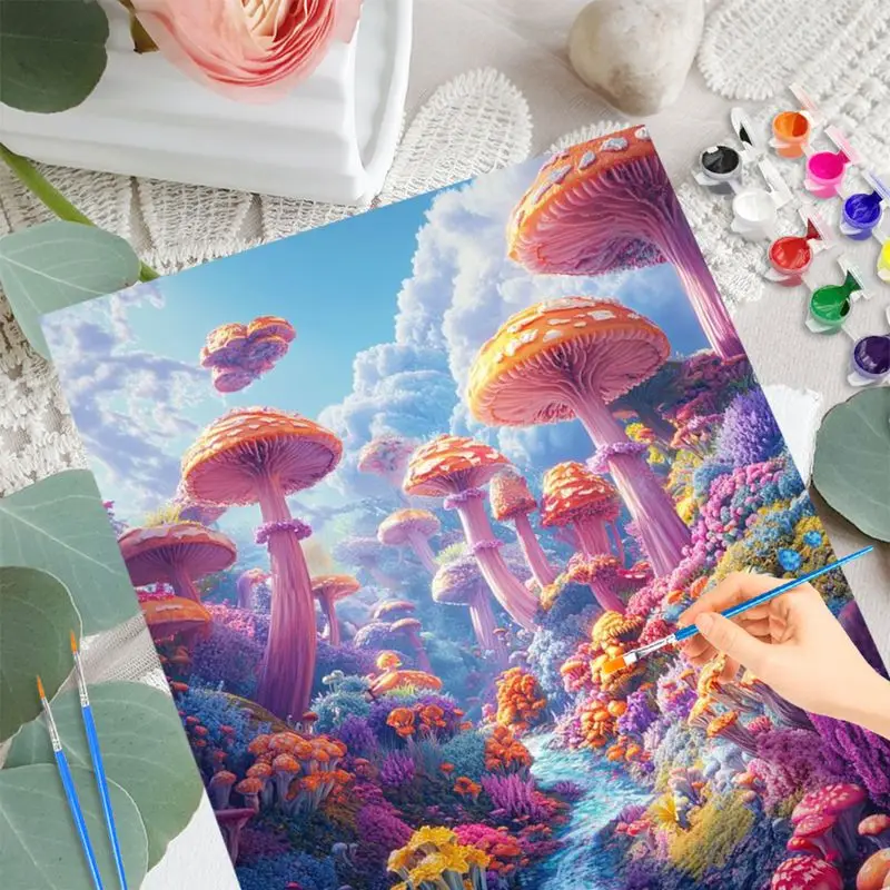 Kit de pintura por números fotográfico personalizado, cenário de rio cogumelo, pintura por números, decoração de casa, artesanato para adultos
