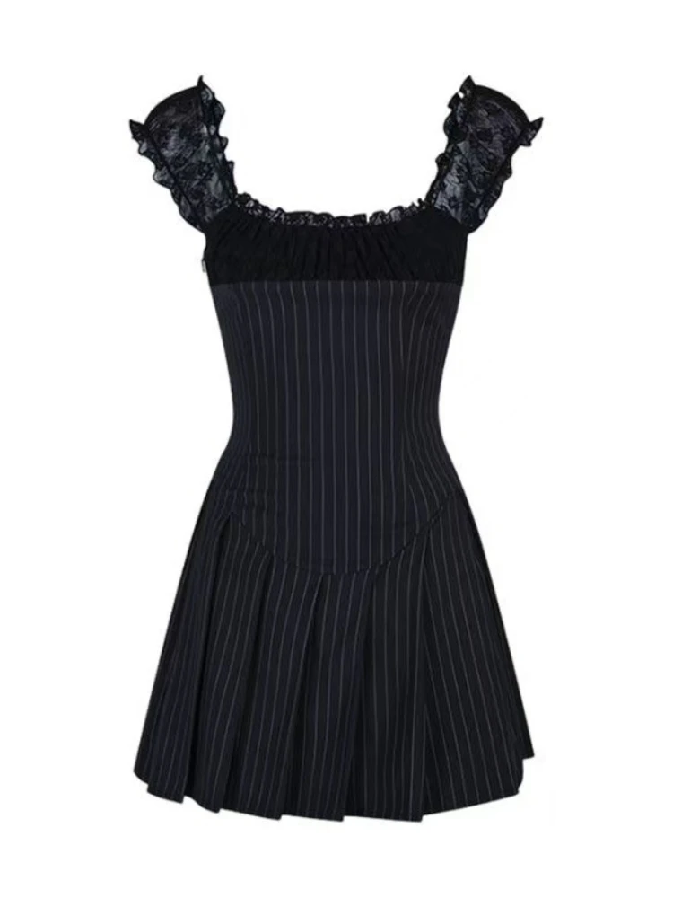 Vintage Stripped Lace Pleated Strap Women's Summer Dress Y2k American Mini Dresses Fashion Chic Sleeveless Streetwear Clothing