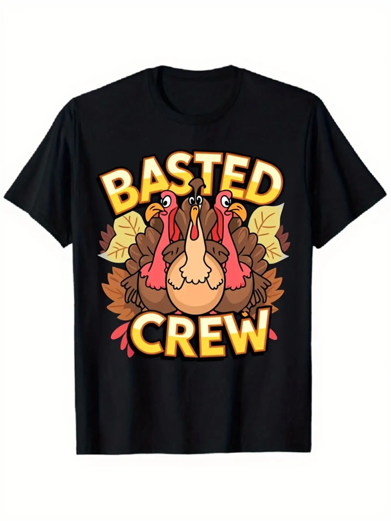 Funny Men's Black Graphic T-Shirt Basted Crew Turkey Flock Autumn Leaves Bold Letter Holiday Dinner Graphic 100% Cotton Heavyweight Short Sleeve Casual Streetwear Tee