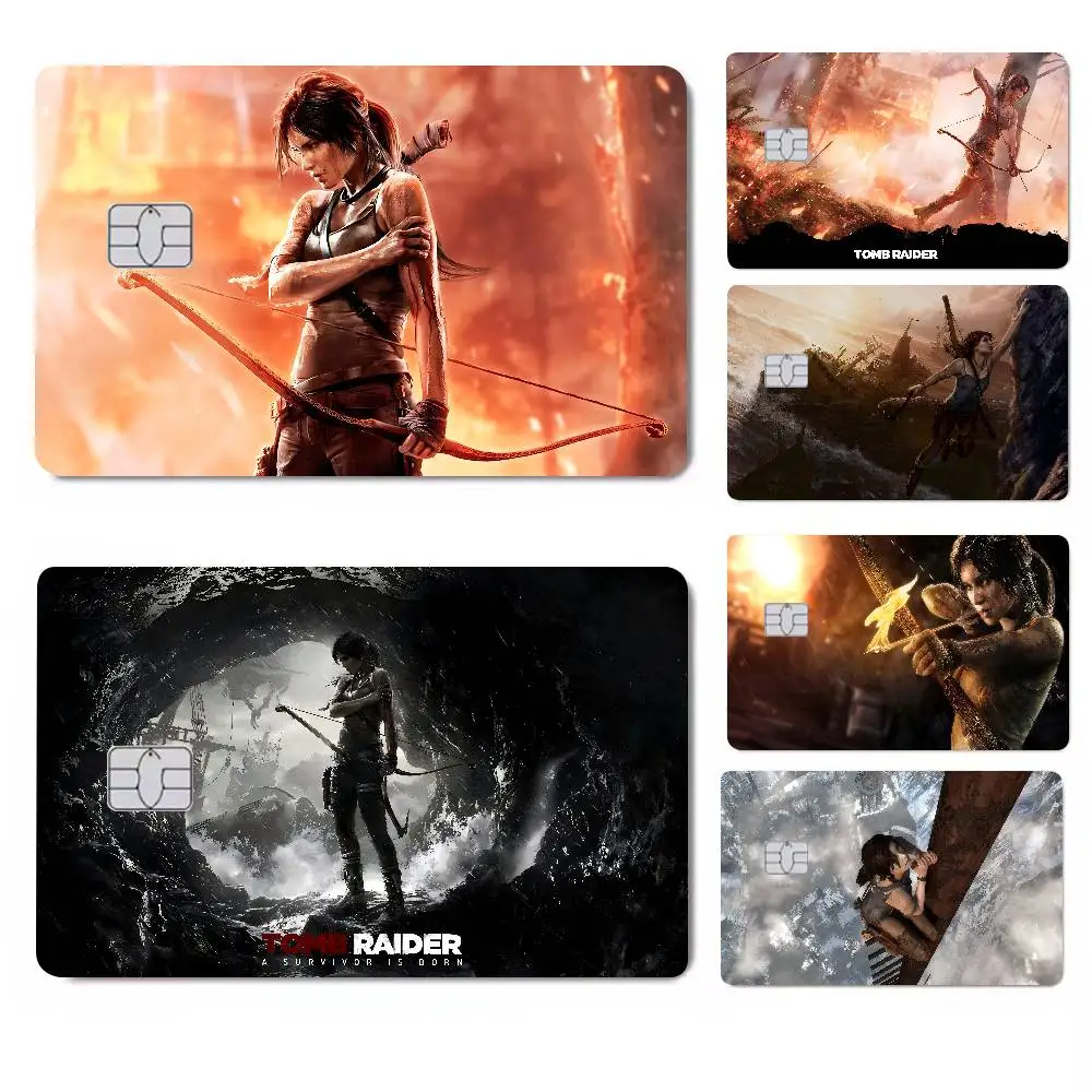 T-Tomb R-Raider Cartoon 4 stücke 1Set Kreditkarte Haut Aufkleber Für Bank Karte Bus Metro Karte Aufkleber wasserdicht Frauen Geschenk