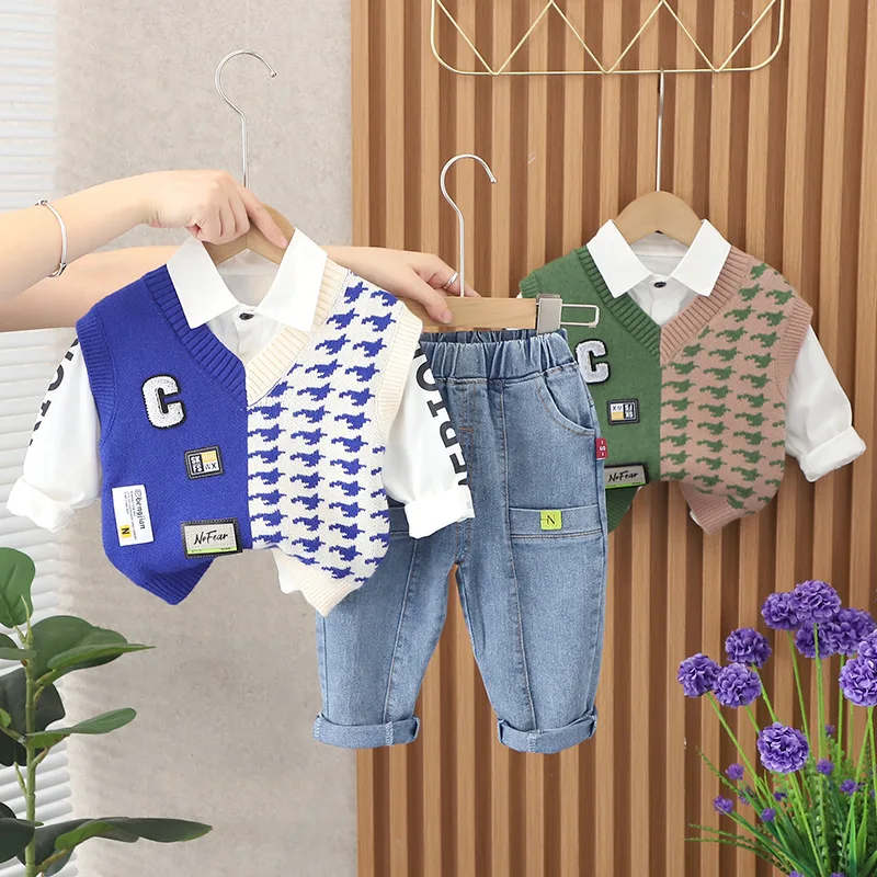 

Korean Style Boys Spring Autumn Plaid Three-Piece Set Fashion Color Sweater Vest Shirt Home Direct Sale Children's Clothin
