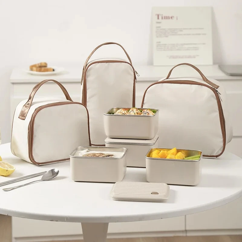 

Bento Set Stainless Steel Lunch Box Lid Microwave Heating For Kids Food Storage Containers With Insulation Bag