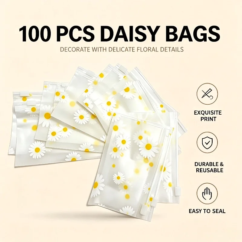Daisy Frosted Plastic Zipper Bags, Reusable Storage Pouches for Jewelry, Crafts & Stationery, Floral Design Office Organizer