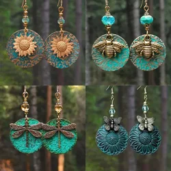 Cross-border bohemian national style alloy silver-plated double-layered color sunflower honeybee dragonfly earrings holiday gift