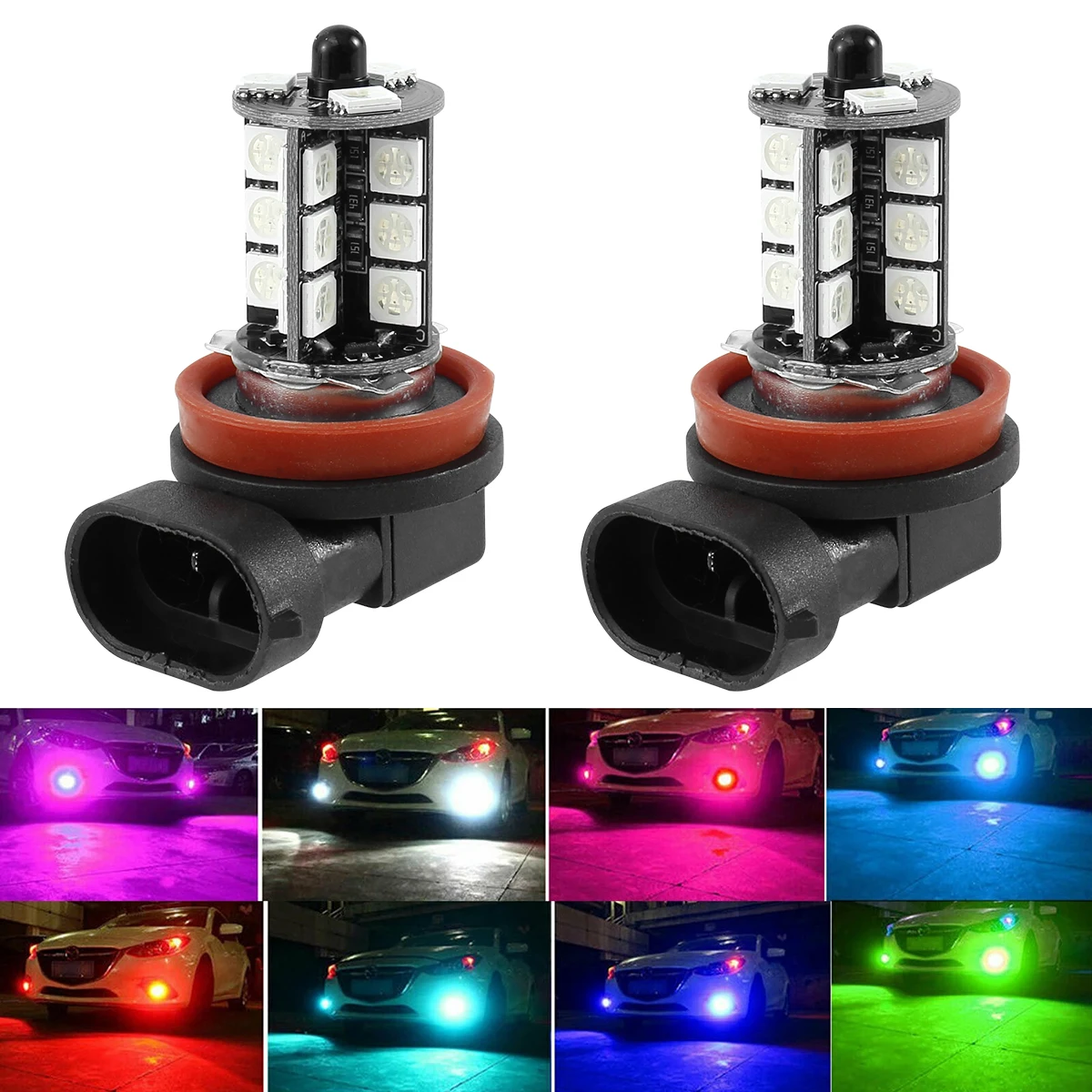 2PCS 27 LED Car Fog Lights H8/H11 RGB Fog Light Bulbs with Remote Control Colorful 360° Beam Angle 4 Modes Front Fog Light Bulbs
