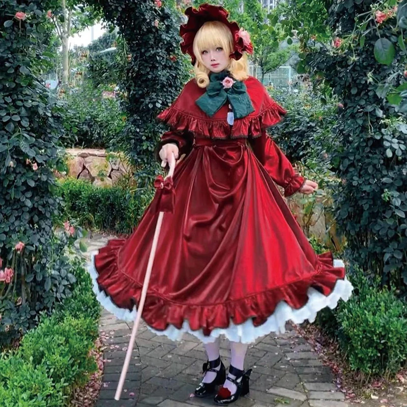 New Anime Reiner Rubin Rozen Maiden Cosplay Costume Shin Ku Red Dress Hat For Girl Women  Halloween Christmas Gift