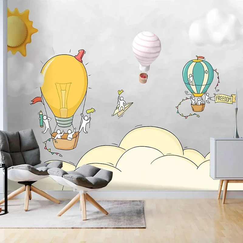 Custom Mural Wallpaper 3D Yellow Hot Air Balloon Clouds Sunshine For Children Bedroom Cartoon Photo Painting Papers Room Décor