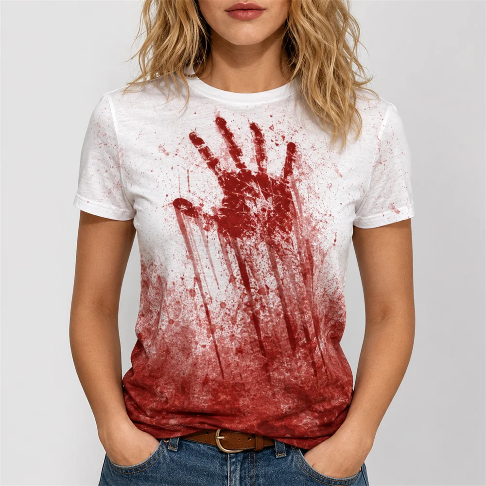 Terrifying Red Handprints Bloodstains T-shirt For Men Women Horror 3D Print Halloween Short Sleeve T Shirts Streetwear Tee Top